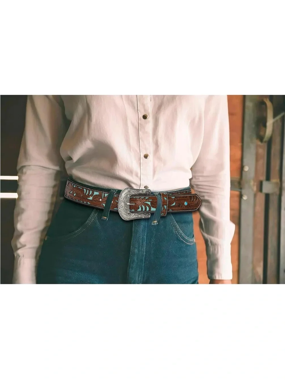Tooled Brown Leather Belt with Turquoise Inlay